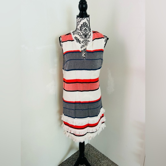 Chelsea & Theodore Women’s Striped Split Crew Neck Fringe Sleeveless Dress Sz M - Picture 2 of 8